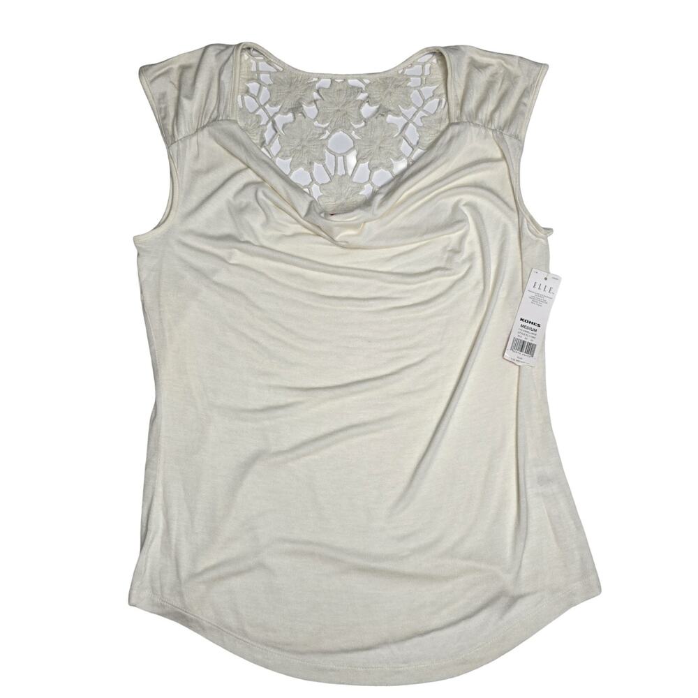 ELLE Cream Crochet Lace Back Blouse M Cowl Neck Cap Sleeve Soft Stretch NWT